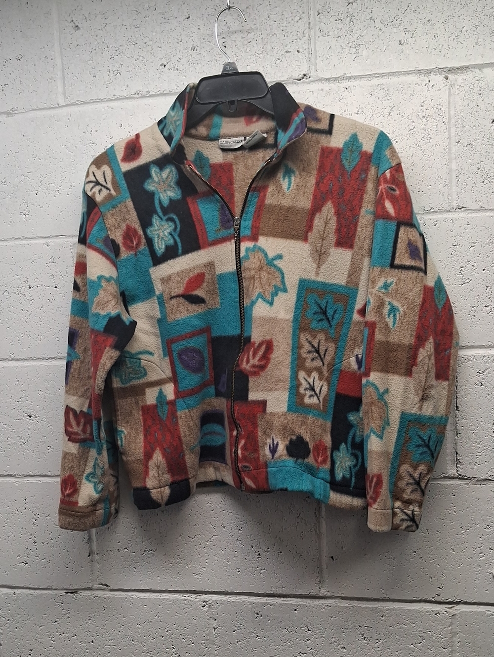 Womens Cabin Creek Multicolor Patterned Fleece Jacket in Teal, Rust & Beige